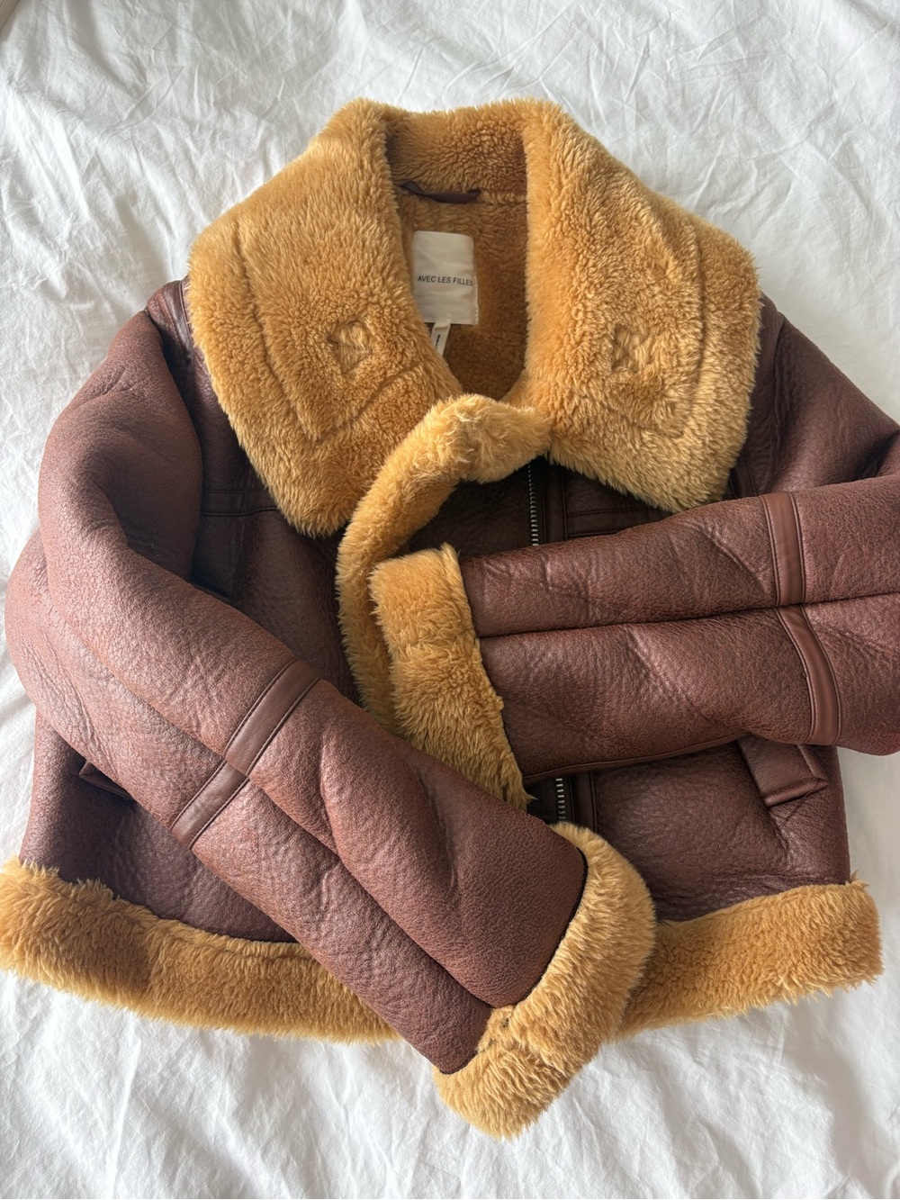 Anthropologie Chocolate Brown Faux-Shearling Aviator Jacket with Camel Trim
